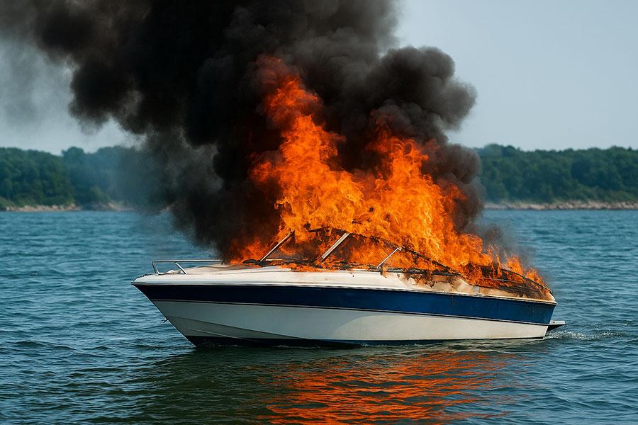 Boat damaged by fire on the water