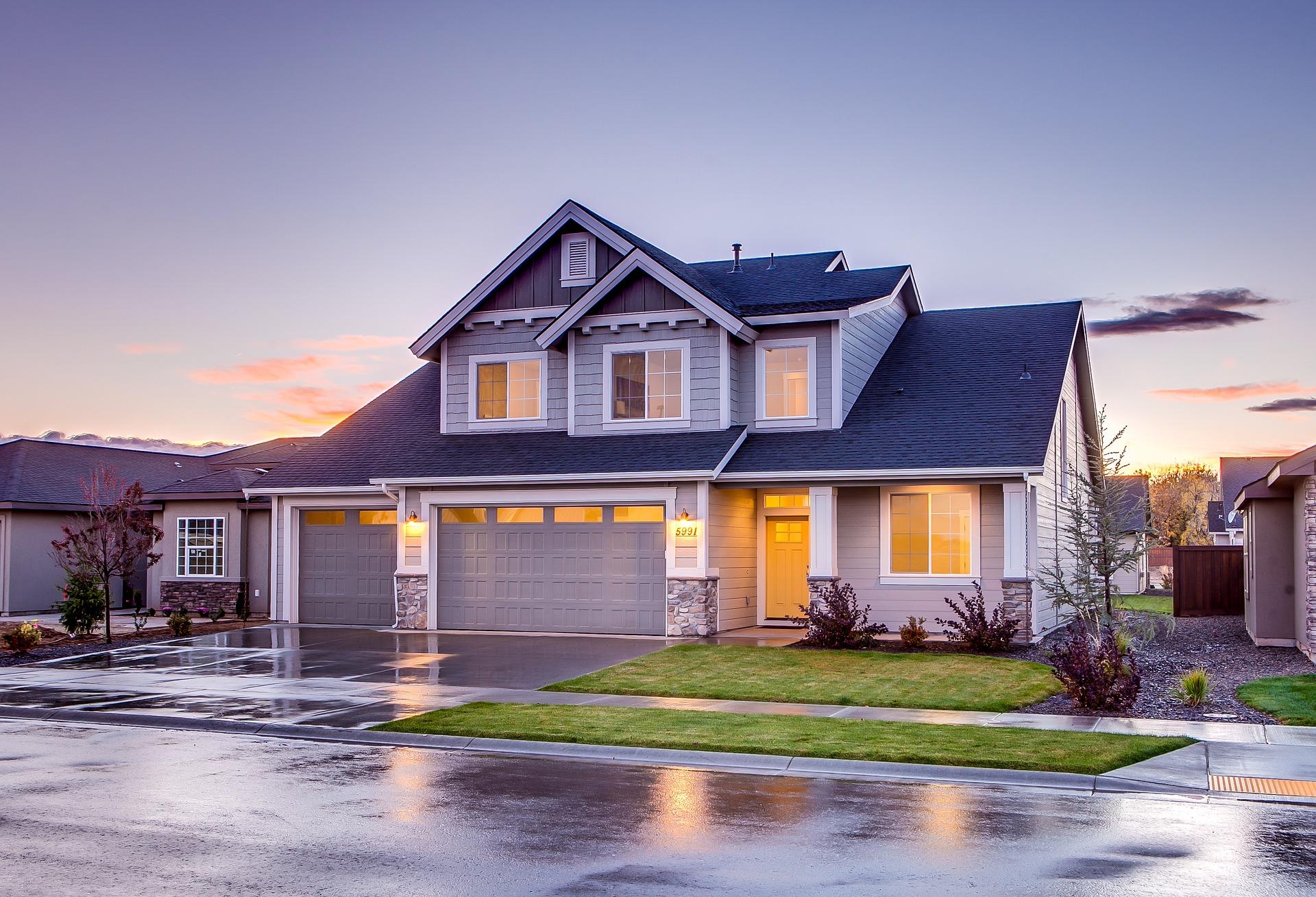 Two-story suburban home at dusk