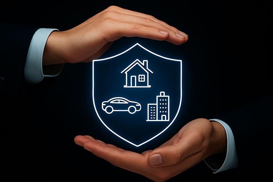 Hands protecting a shield icon representing home, auto and business coverage