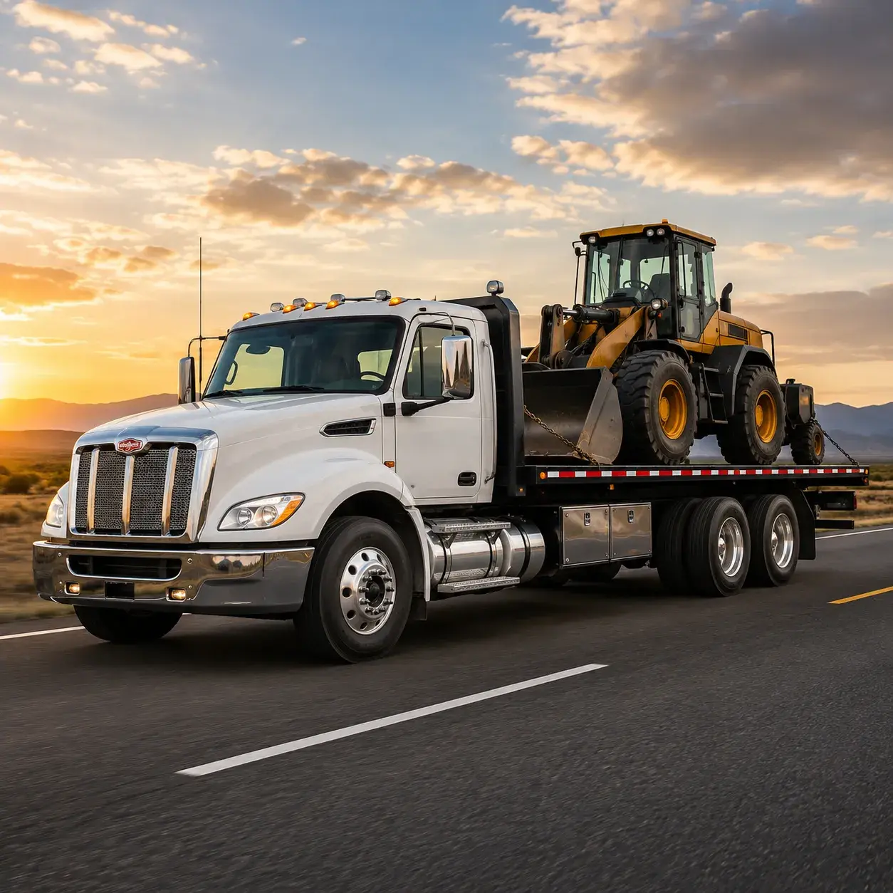Flatbed truck hauling a wheel loader at sunset